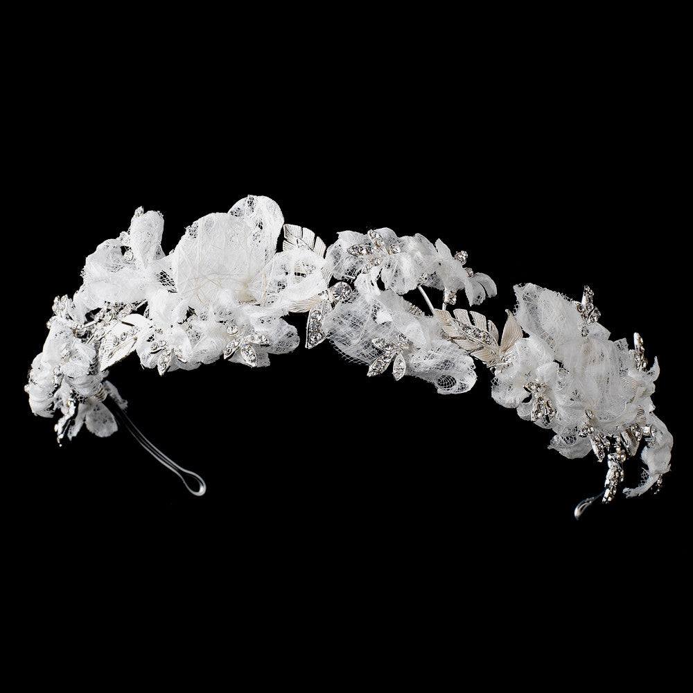 Silver Floral Bridal Wedding Headband w/ Diamond White Lace Tulle Petals & Rhinestones