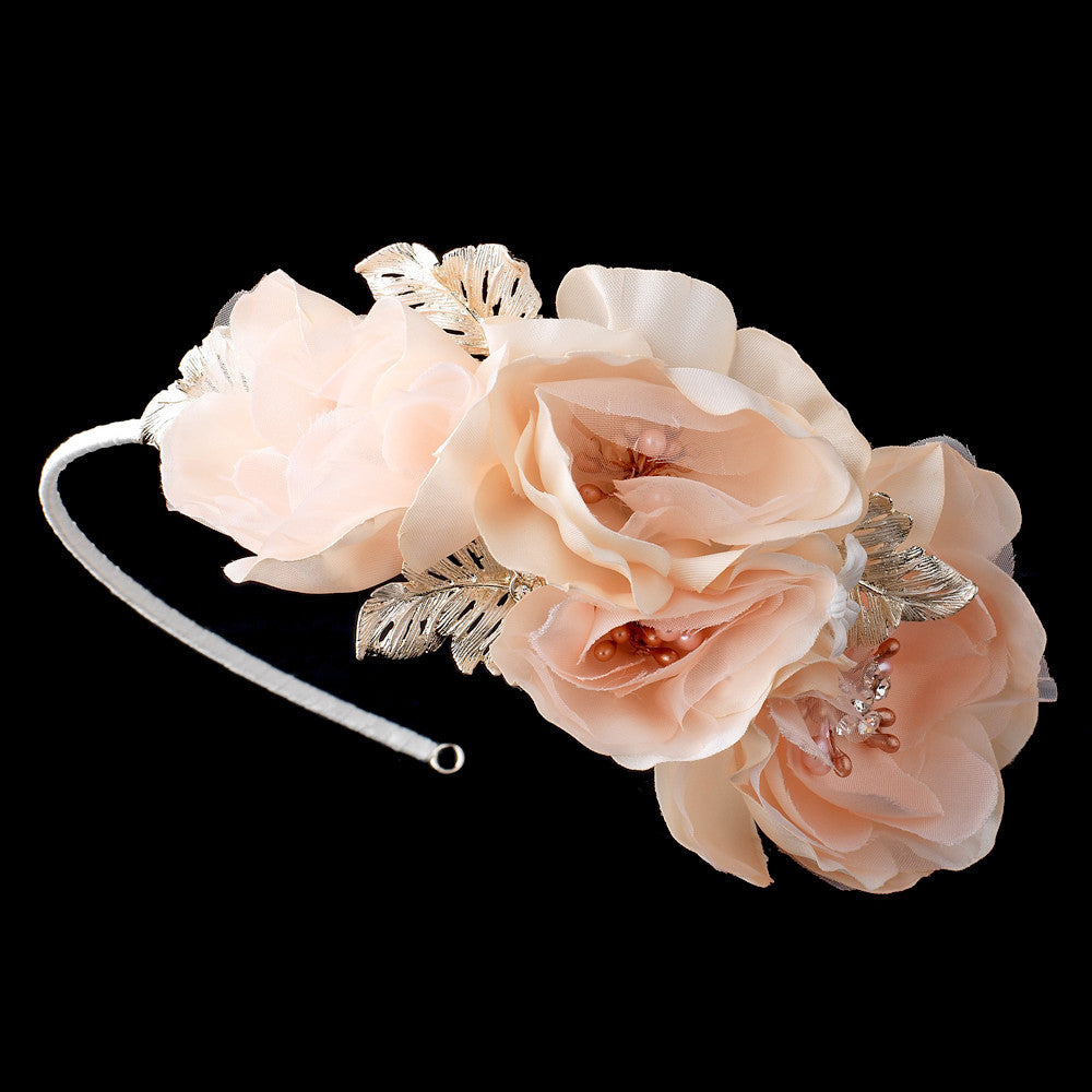 Light Pink Peach Sheer Organza Side Accented Flower Bridal Wedding Headband w/ Golden Leaves & Rhinestones