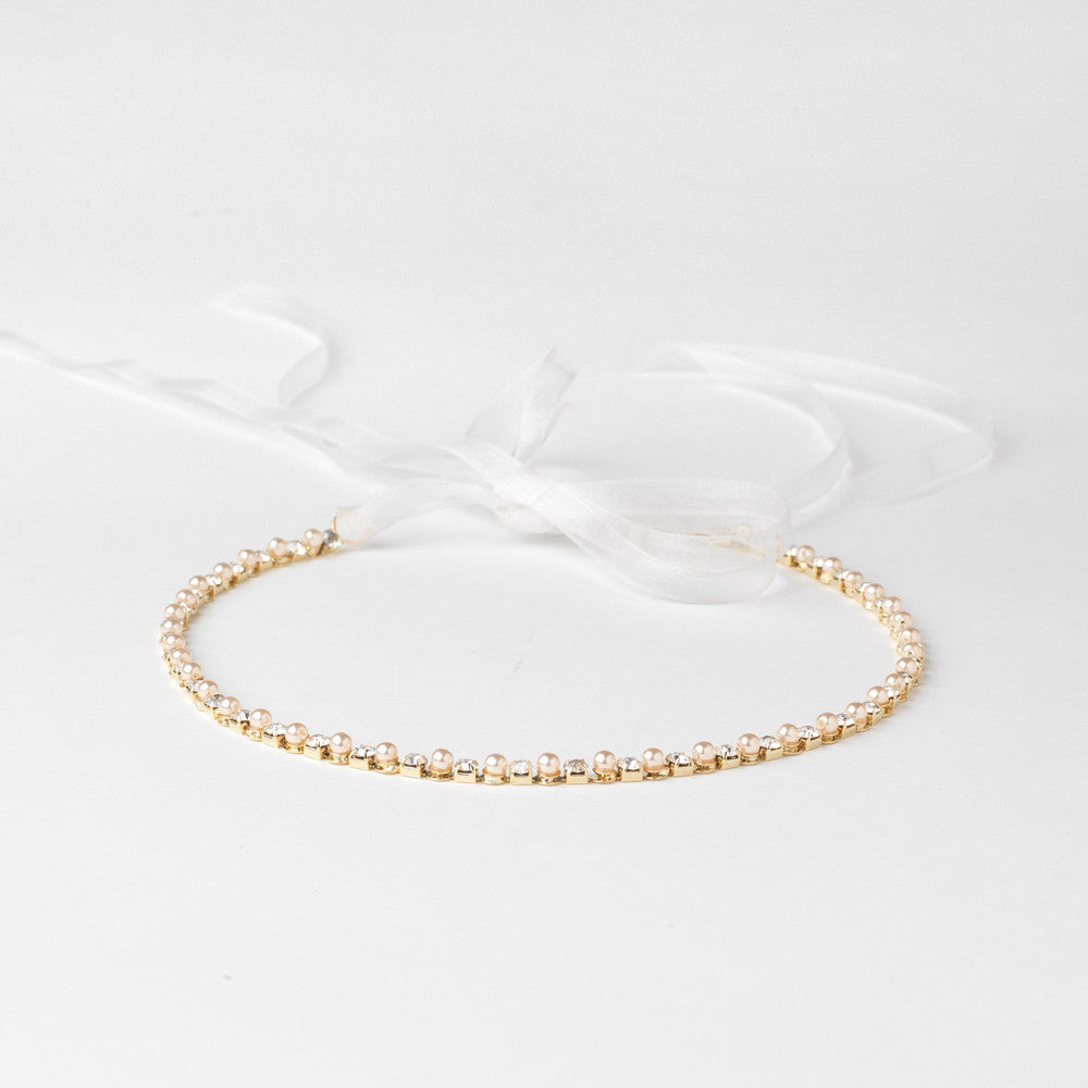 Gold Ivory Pearl & Rhinestone Bridal Wedding Ribbon Headband 2721
