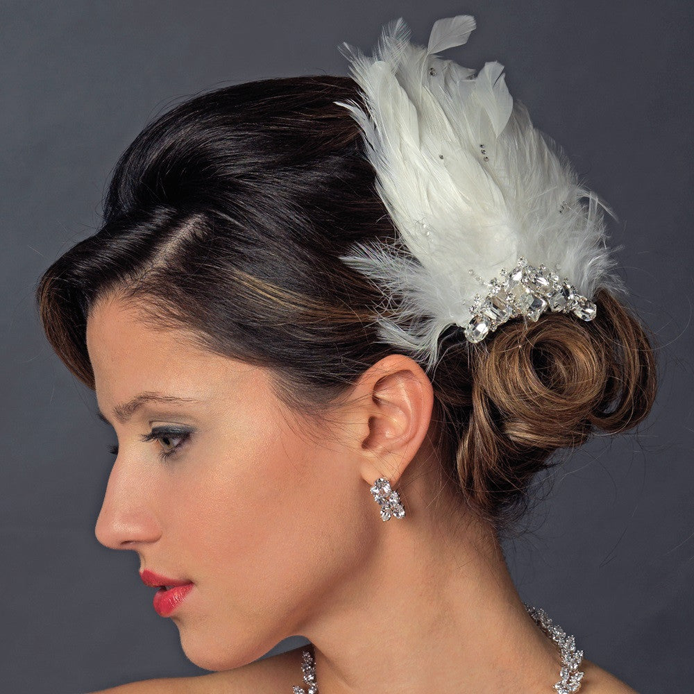 * Silver Ivory Feather Fascinator Bridal Wedding Hair Clip 1138