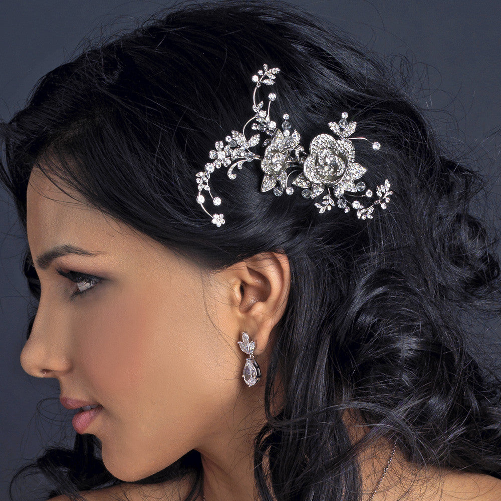 Antique Silver Clear Rhinestone Diamond White Flower & Leaf Bridal Wedding Hair Comb 753