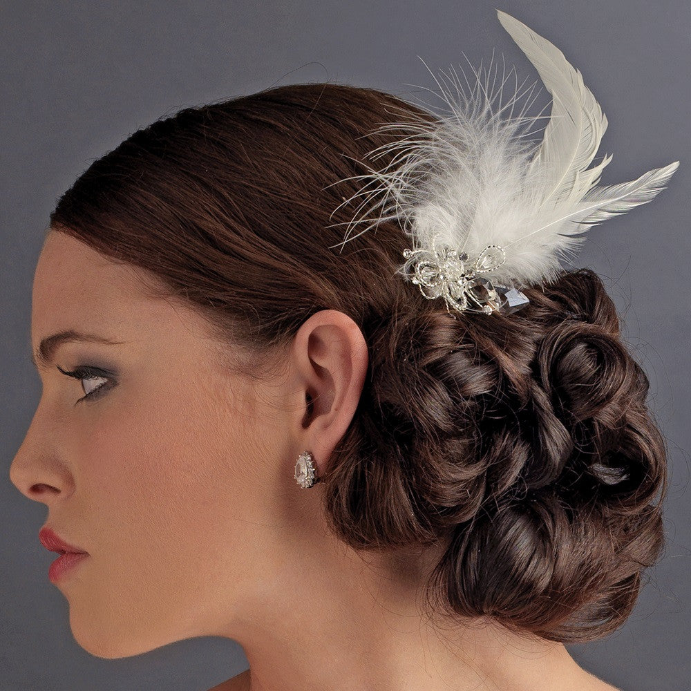 * Feather Tail Bridal Wedding Hair Comb with Floral Rhinestone Accent - Bridal Wedding Hair Comb 8403 White or Ivory