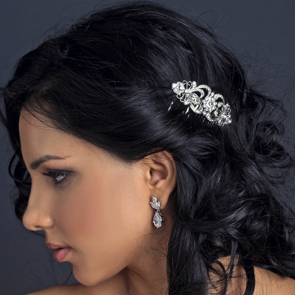 Rhodium Silver Rhinestone Vintage Bridal Wedding Hair Comb 9933