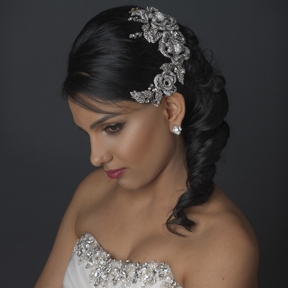 Rhodium Clear Rhinestone Floral Rose Side Accented Bridal Wedding Hair Comb 6449