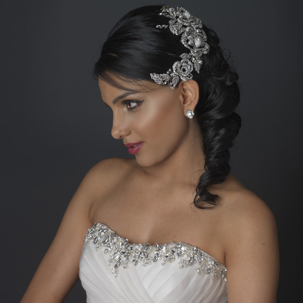 Rhodium Clear Rhinestone Floral Rose Side Accented Bridal Wedding Hair Comb 6449