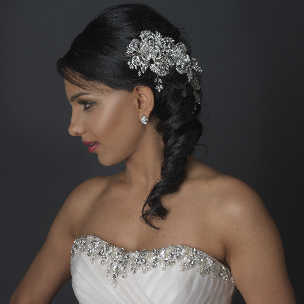 Rhodium Clear Rhinestone Floral Rose Side Accented Bridal Wedding Hair Comb 6449