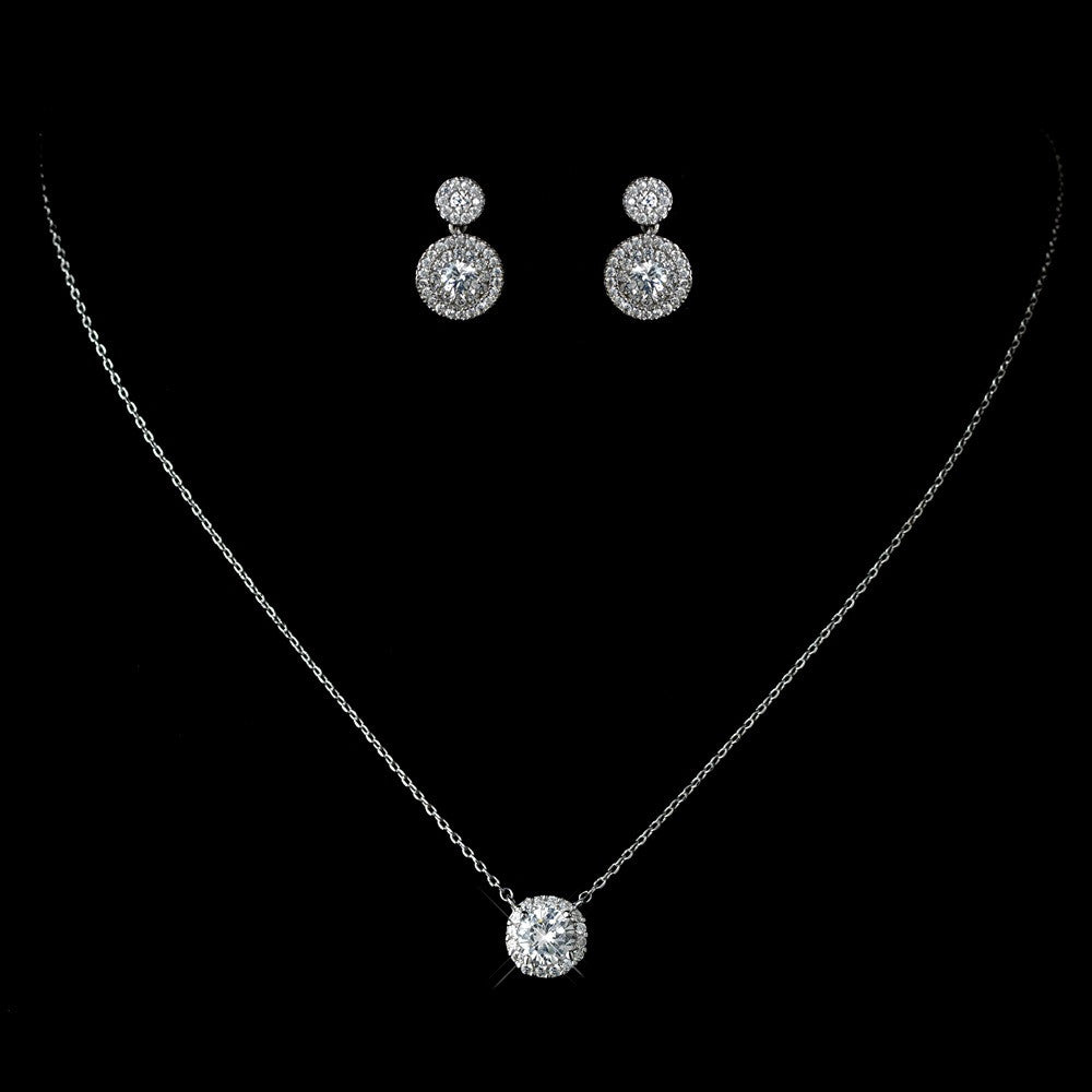 CZ Crystal Pave Crystal Pendent Bridal Wedding Necklace 1651 & Petite Pave Solataire Double Drop Earrings 7406 Bridal Wedding Jewelry Set