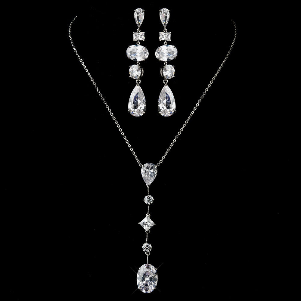 Silver Clear Multi Cut CZ Stone Bridal Wedding Necklace 2088 & Bridal Wedding Earrings 1725 Bridal Wedding Jewelry Set