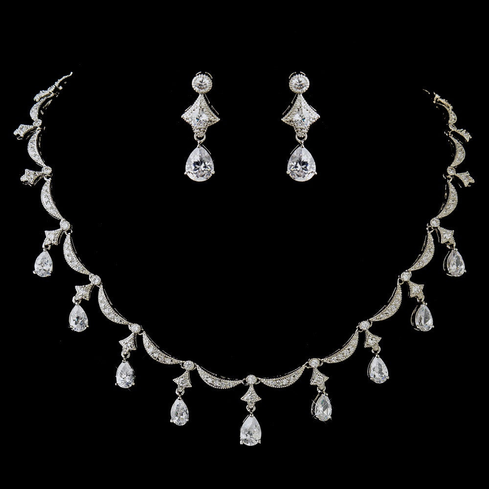 Antique Silver Clear Pear Cut CZ Bridal Wedding Necklace 5113 & Bridal Wedding Earrings 5559 Bridal Wedding Jewelry Set