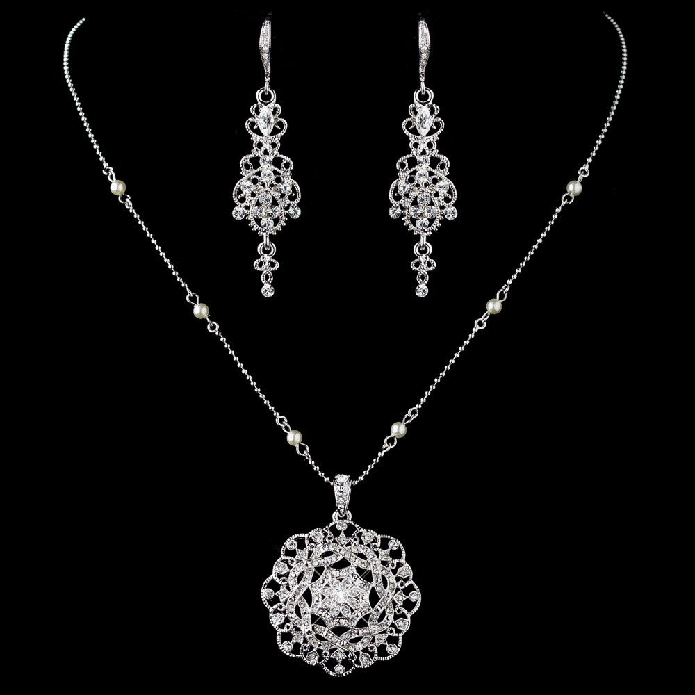 Rhodium Clear Rhinestones & Ivory Pearl Bridal Wedding Jewelry Set