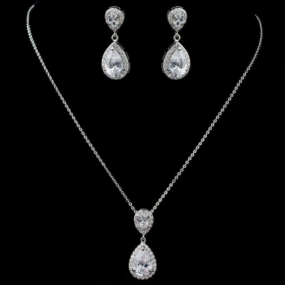 Rhodium Clear CZ Teardrop Pendant Bridal Wedding Jewelry Set 7761