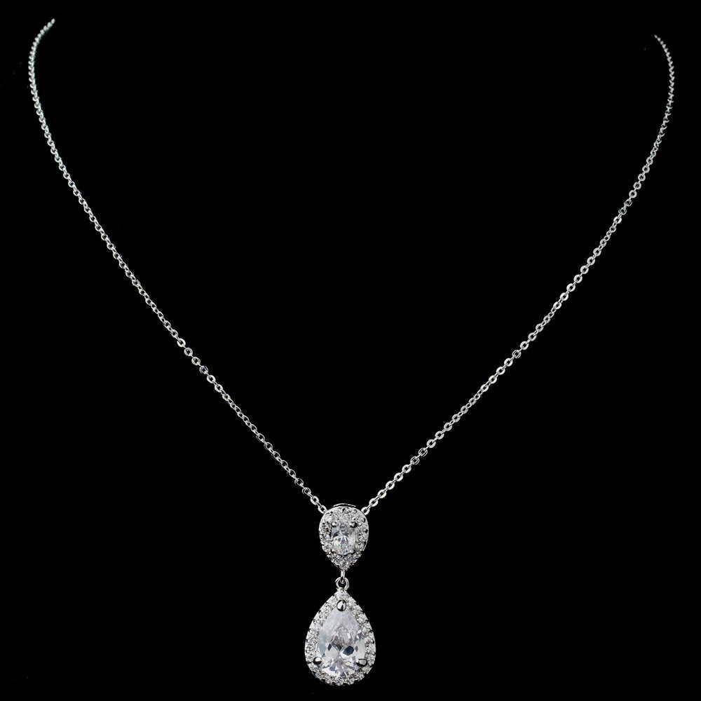 Rhodium Clear CZ Teardrop Pendant Bridal Wedding Jewelry Set 7761