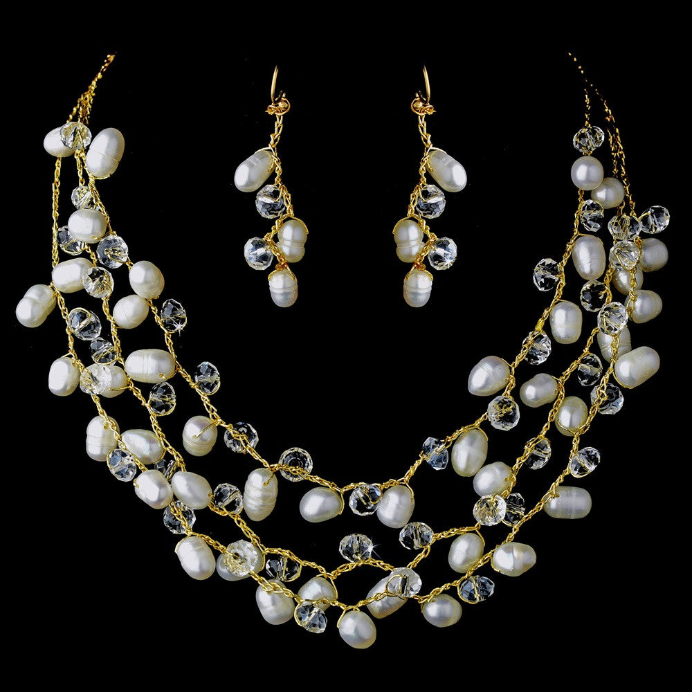 Gold Silk Freshwater Pearl & Clear Crystal Bridal Wedding Necklace Earring Set 7829