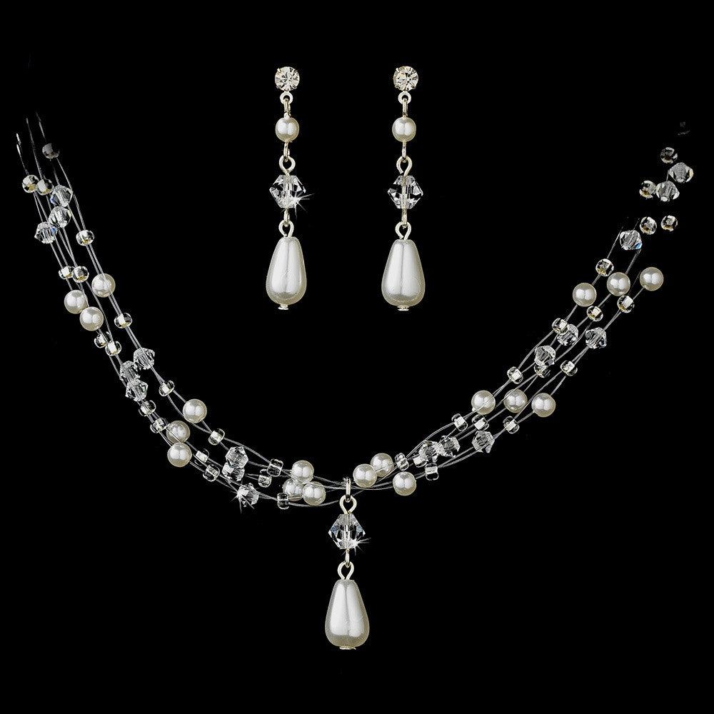 Charming Silver Ivory Pearl & AB Crystal Bead Bridal Wedding Necklace & Earring Set 8146