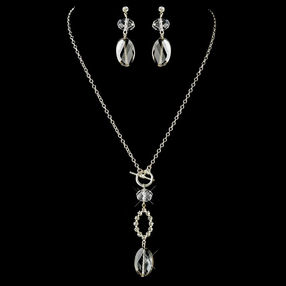 Silver Smoked Crystal Necklace & Dangle Earrings Bridal Wedding Jewelry Set 8739