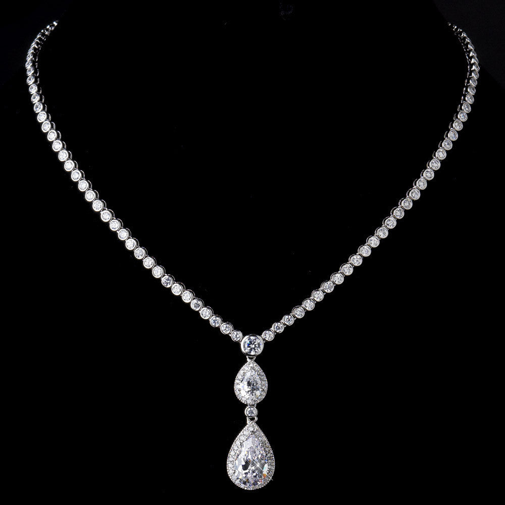 Antique Silver Clear Tear Drop CZ Stone Bridal Wedding Necklace 8749 & Bridal Wedding Earrings 8656