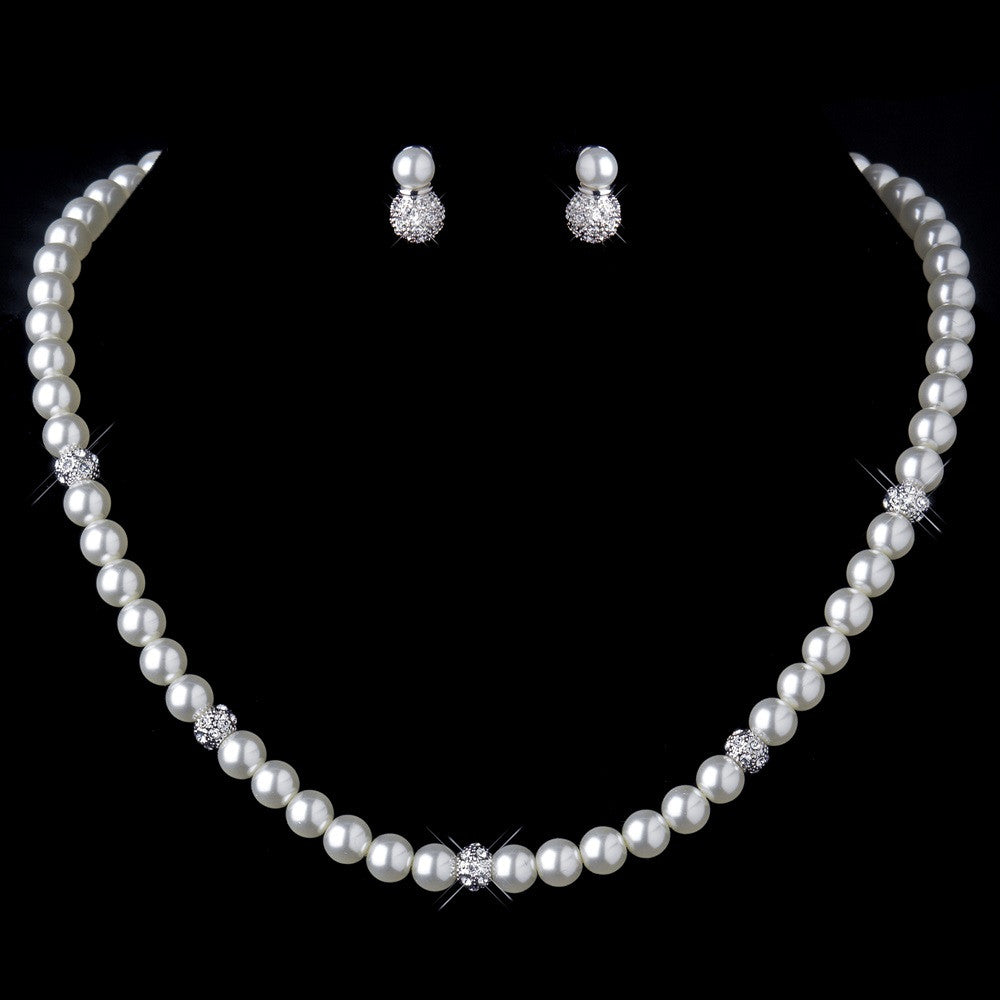 Silver Diamond White Pearl & Clear Rhinestone Pave Ball Bridal Wedding Necklace 8762 and 8761 Bridal Wedding Set
