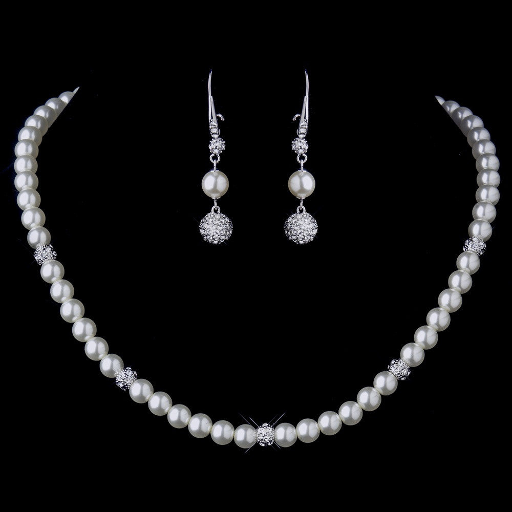 Silver Diamond White Pearl & Clear Rhinestone Pave Ball Necklace 8762 and 8767 Bridal Wedding Set