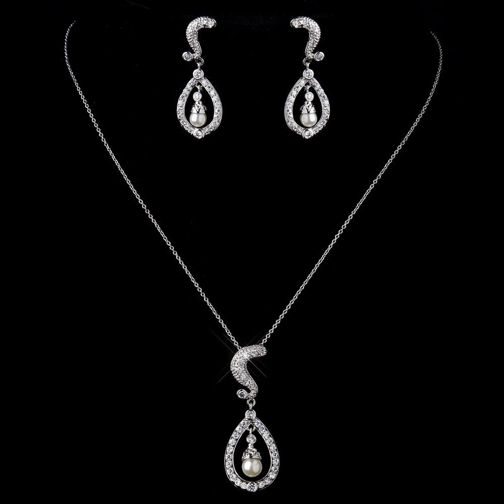 Silver Clear CZ Stone & Pearl Bridal Wedding Necklace & Earrings 9255