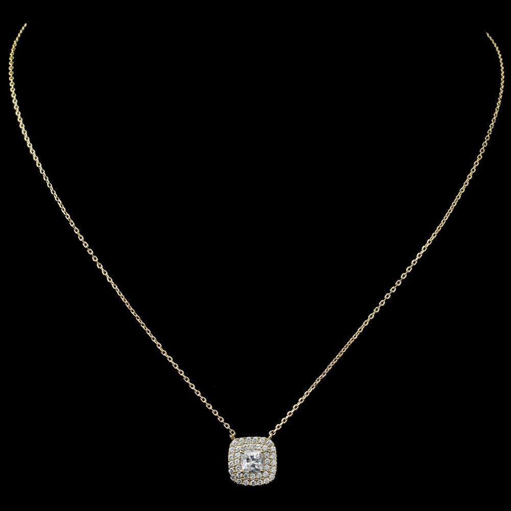 Gold Clear CZ Cushion Pendant Bridal Wedding Necklace 9790