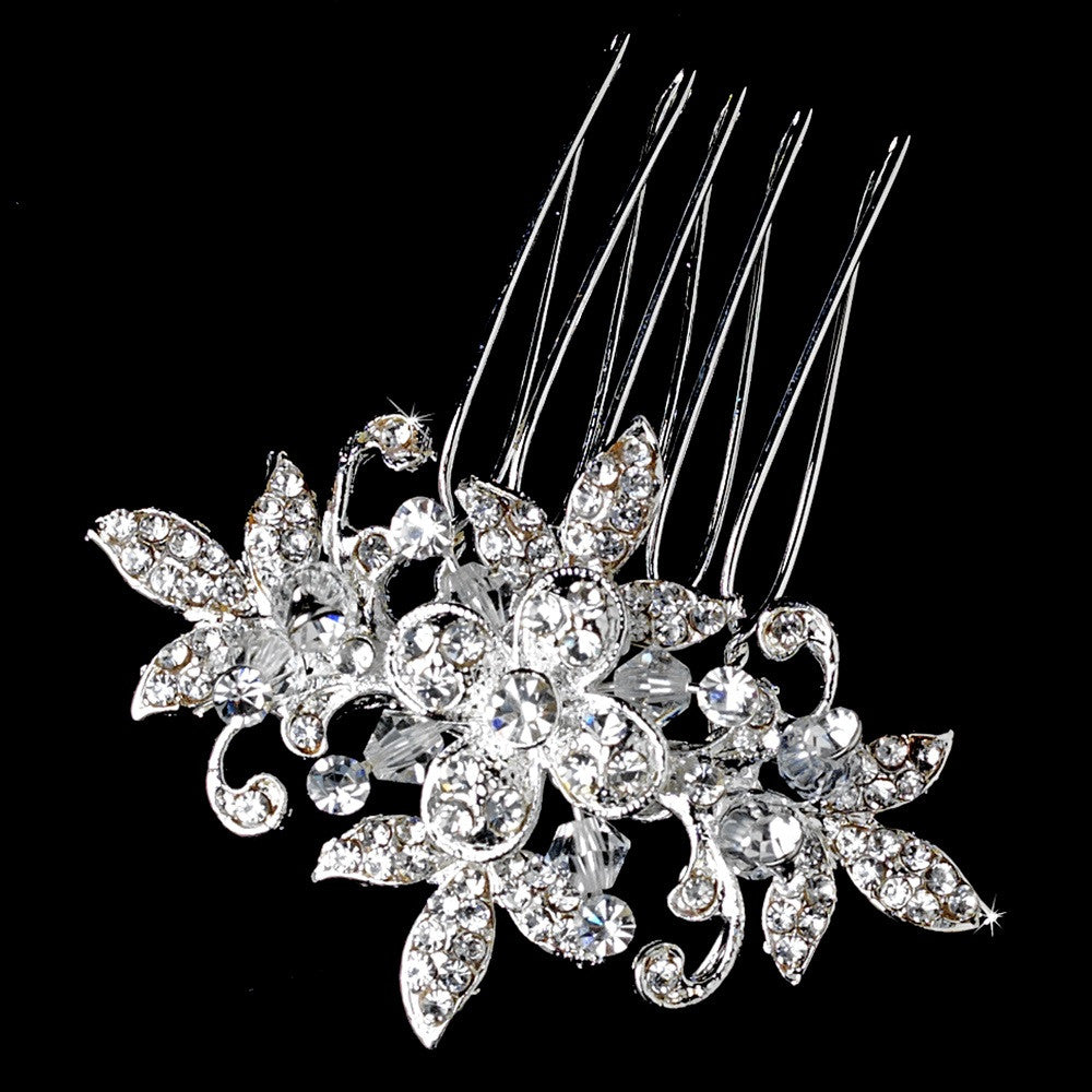 Stunning Silver Clear Rhinestone & Crystal Flower Bridal Wedding Hair Pin 1583