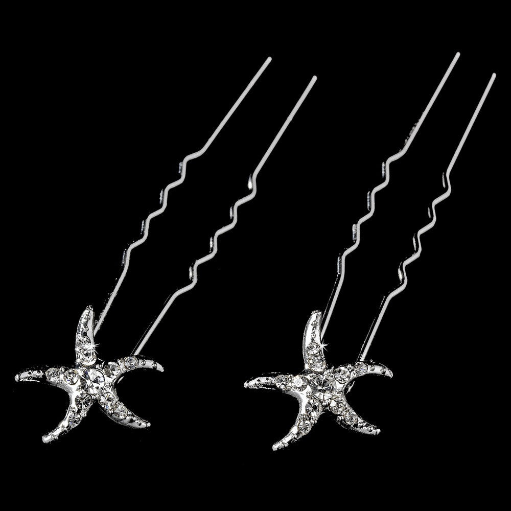 Silver Clear Rhinestone Starfish Bridal Wedding Hair Pin 2118 (Set of 2)