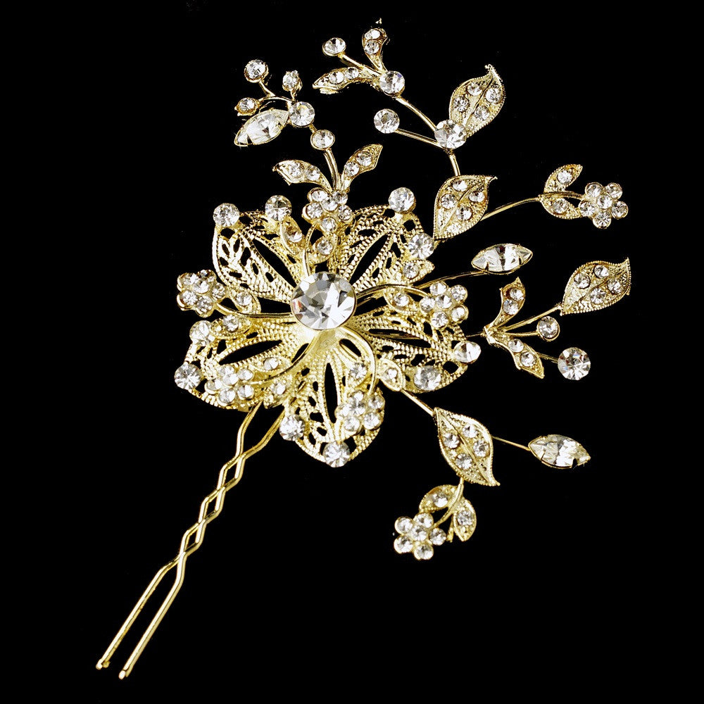 * Lovely Gold Clear Rhinestone Flower Bridal Wedding Hair Pin 908