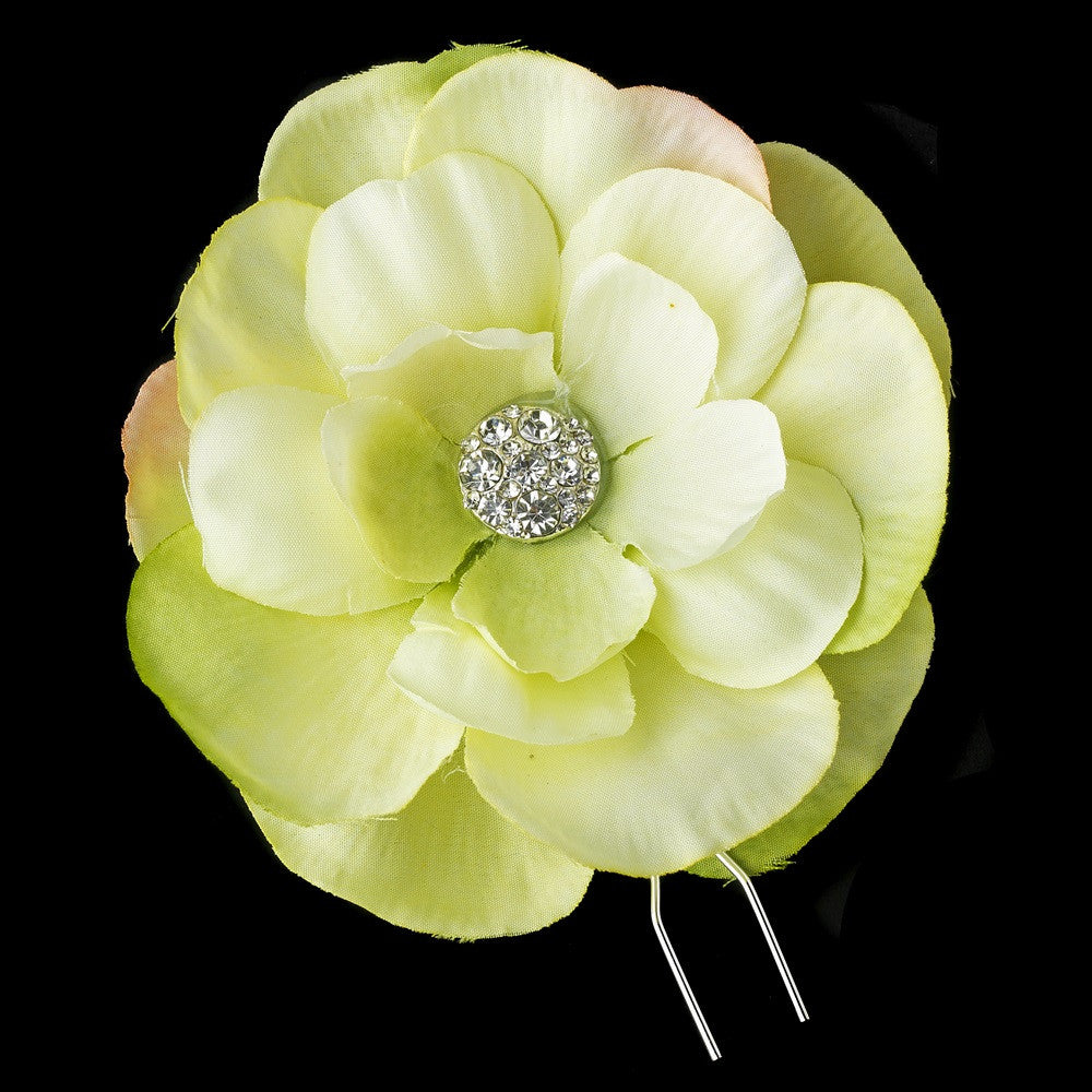 Light Green & Peach Flower Bridal Wedding Hair Pin with Rhinestone Accents