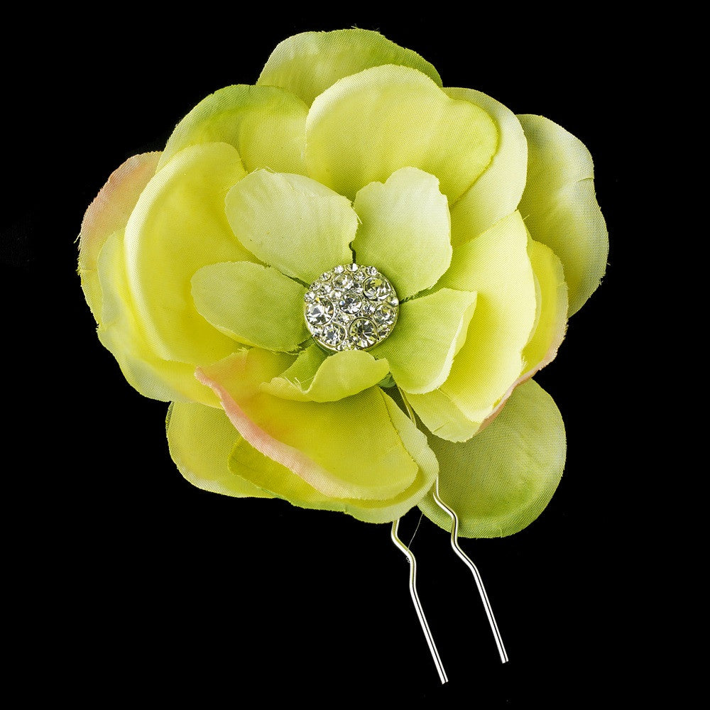 Light Green & Peach Flower Bridal Wedding Hair Pin with Rhinestone Accents