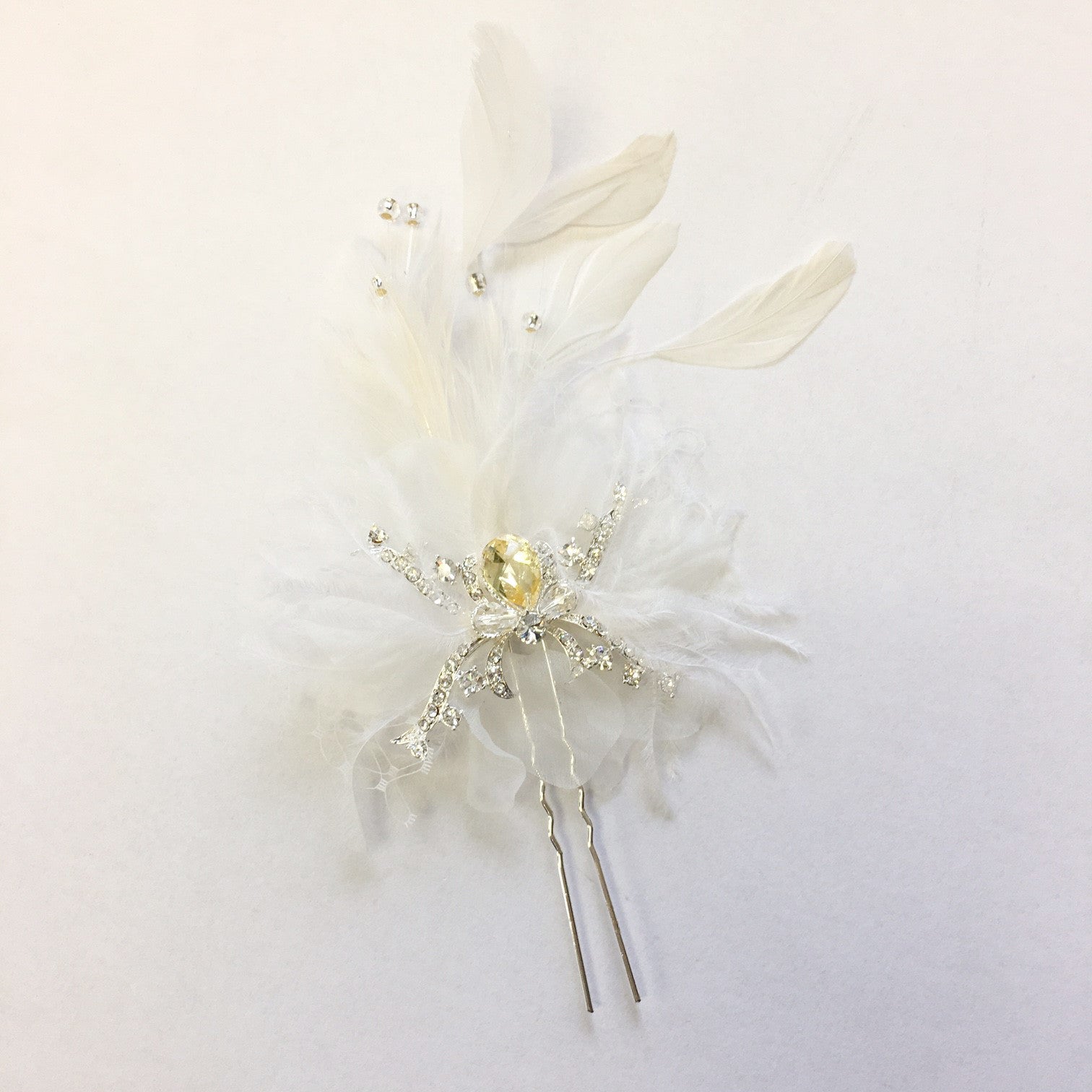 Silver Clear Feather Bridal Wedding Hair Pin Fascinator with Rhinestones & Swarovski Crystal Beads
