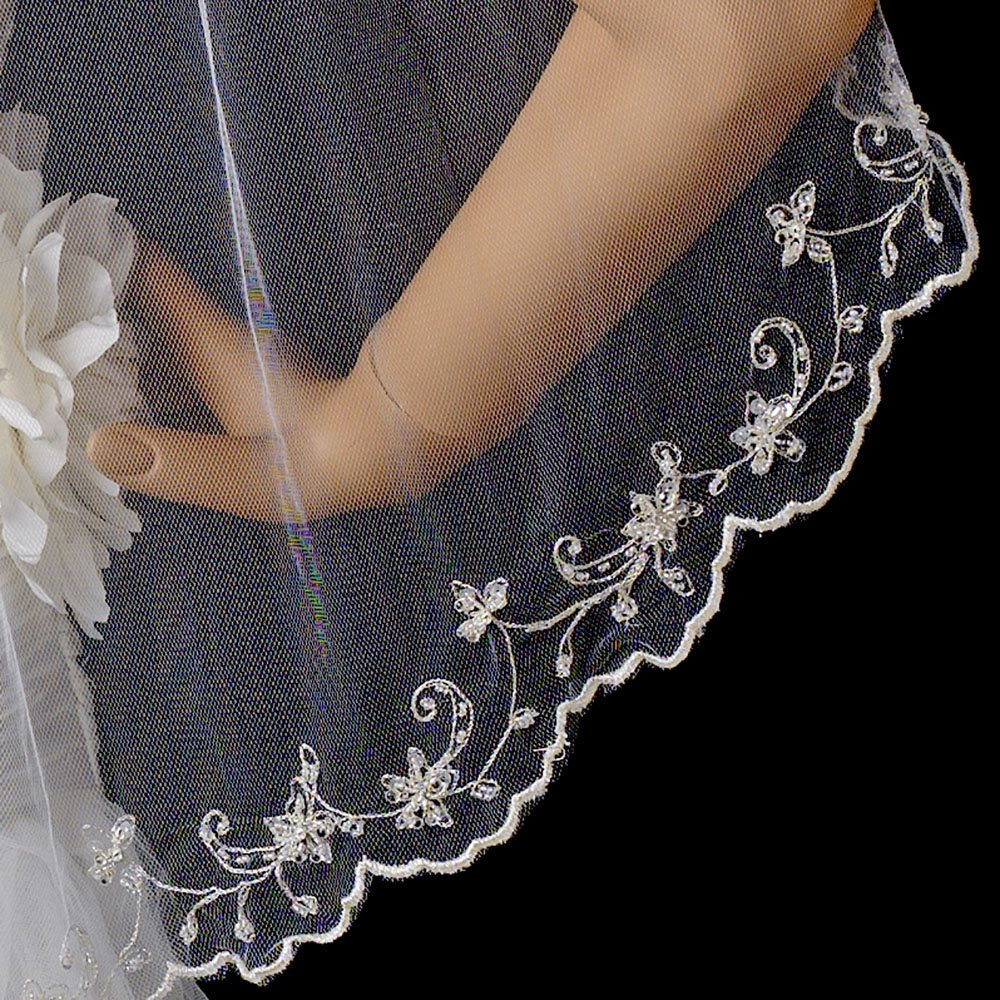 Single Layer Elbow/Fingertip Length Scalloped Pencil Edge Bridal Wedding Veil 101