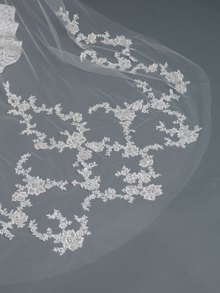 Single Layer Bridal Wedding Cathedral Veil w/ Rose Floral Applique w/ Sequins, Beads & Rhinestones V 1167 1C