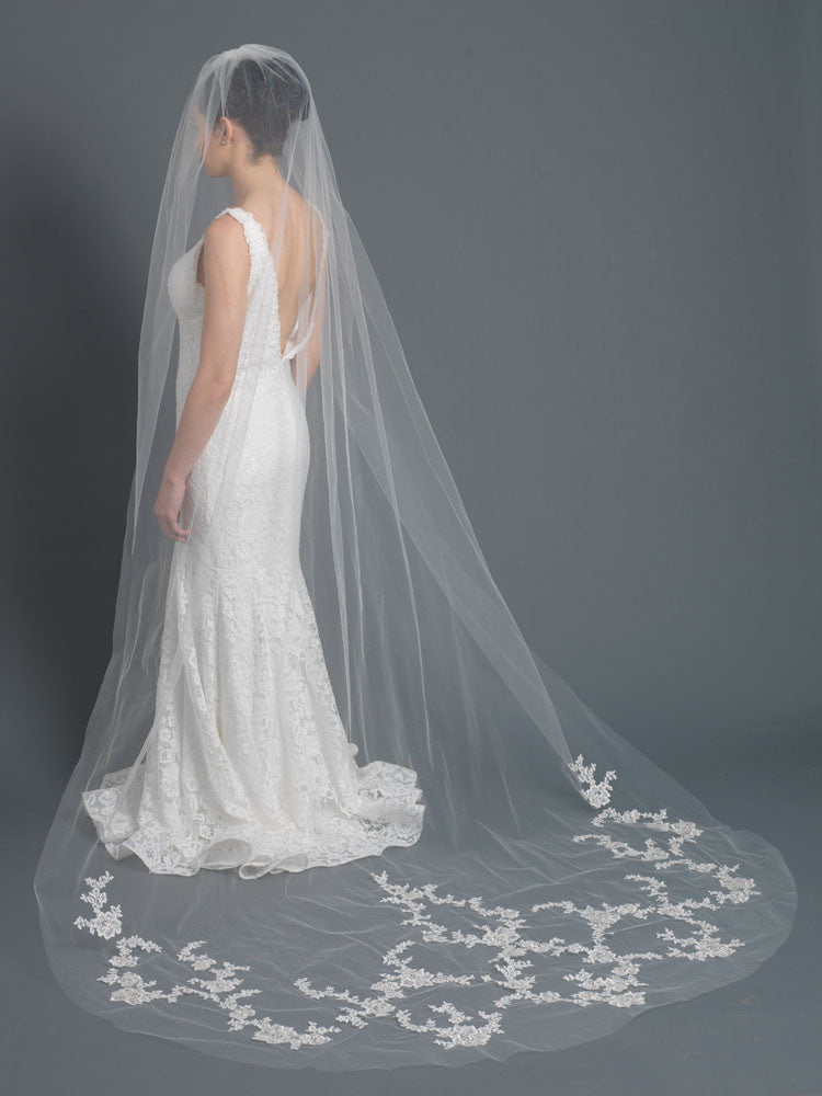 Single Layer Bridal Wedding Cathedral Veil w/ Rose Floral Applique w/ Sequins, Beads & Rhinestones V 1167 1C