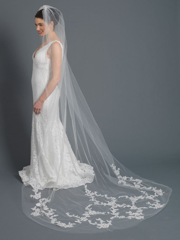 Single Layer Bridal Wedding Cathedral Veil w/ Rose Floral Applique w/ Sequins, Beads & Rhinestones V 1167 1C