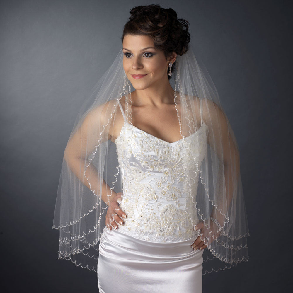 Bridal Wedding Double Layer Elbow Length Bridal Wedding Veil 1390 w/ Scalloped Beaded Edge