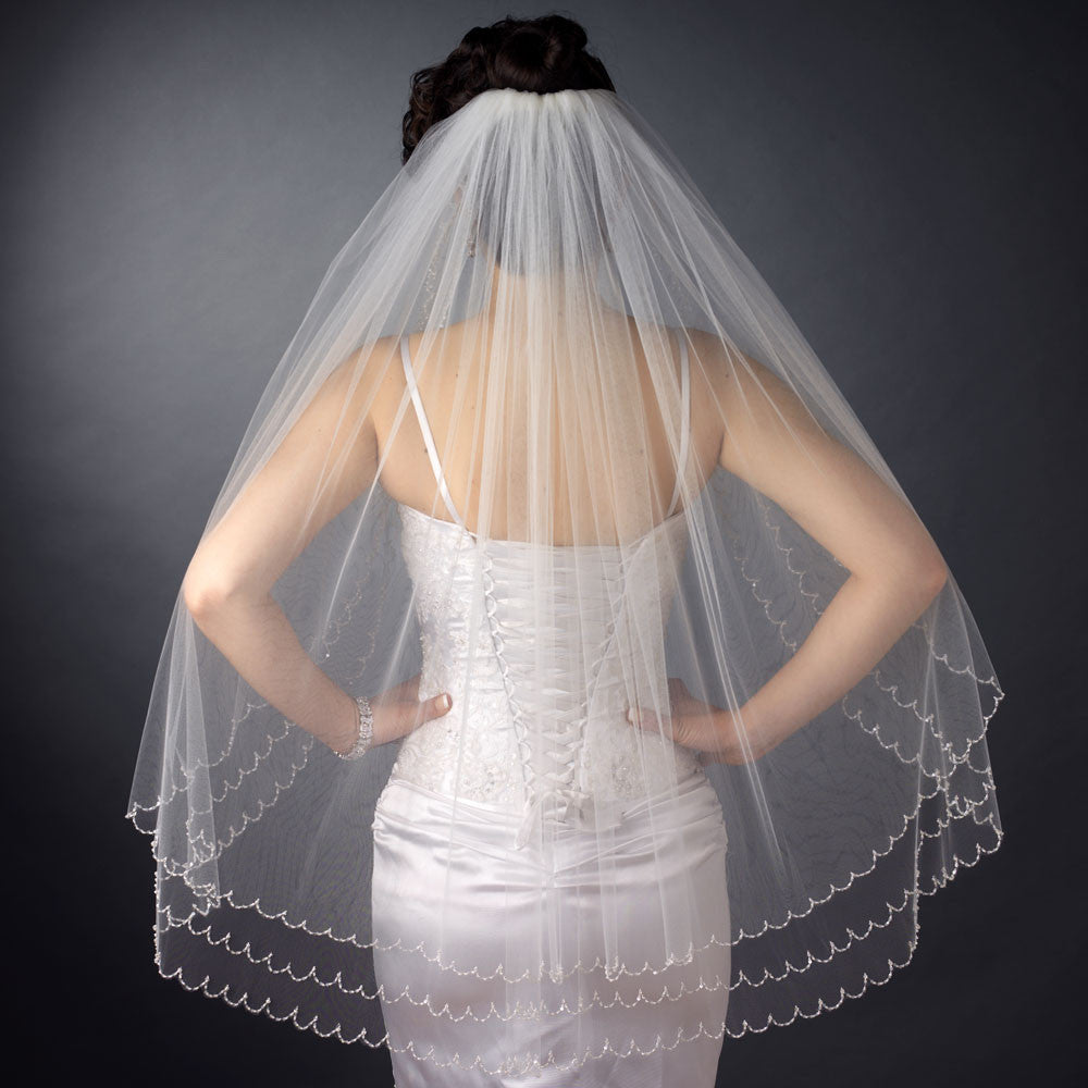 Bridal Wedding Double Layer Elbow Length Bridal Wedding Veil 1390 w/ Scalloped Beaded Edge