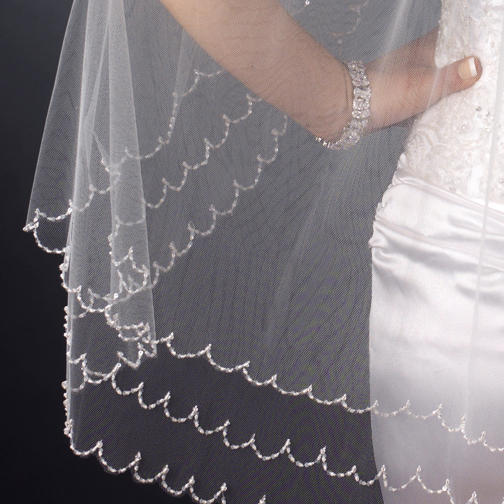 Bridal Wedding Double Layer Elbow Length Bridal Wedding Veil 1390 w/ Scalloped Beaded Edge