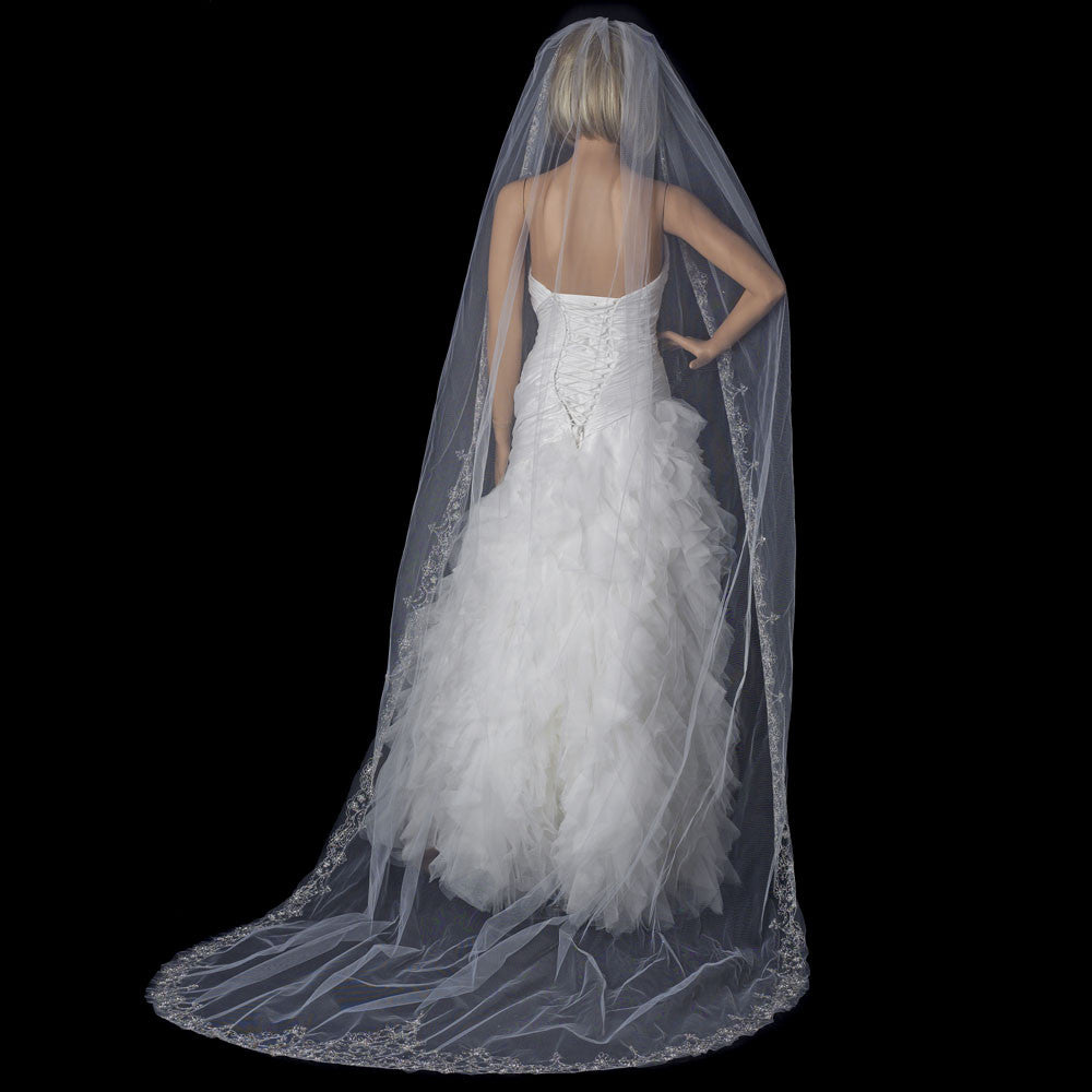 Single Layer Bridal Wedding Veil with Vintage Sequins on Scalloping Cut Edge 1568