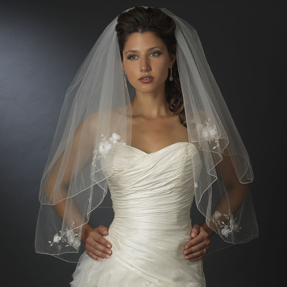 Double Layer Fingertip Length Satin Corded Edge with Sheer Organza Flowers & Bugle Beads Bridal Wedding Veil 2007 F