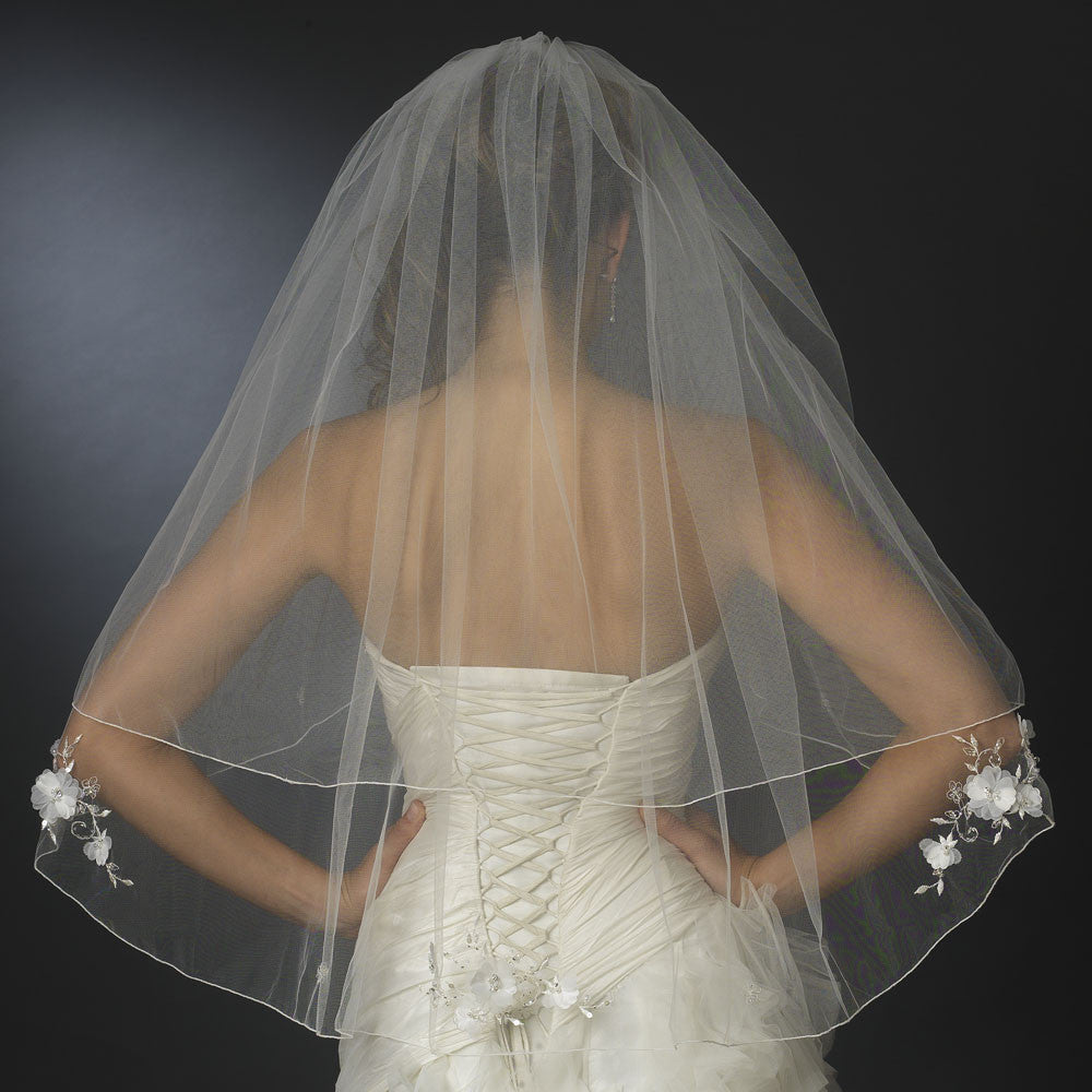 Double Layer Fingertip Length Satin Corded Edge with Sheer Organza Flowers & Bugle Beads Bridal Wedding Veil 2007 F