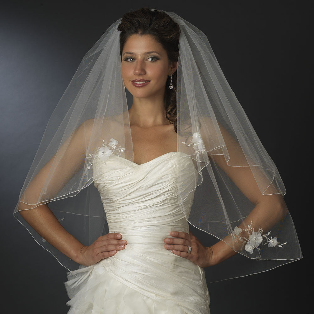 Double Layer Fingertip Length Satin Corded Edge with Sheer Organza Flowers & Bugle Beads Bridal Wedding Veil 2007 F