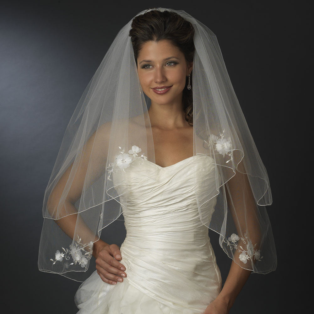 Double Layer Fingertip Length Satin Corded Edge with Sheer Organza Flowers & Bugle Beads Bridal Wedding Veil 2007 F