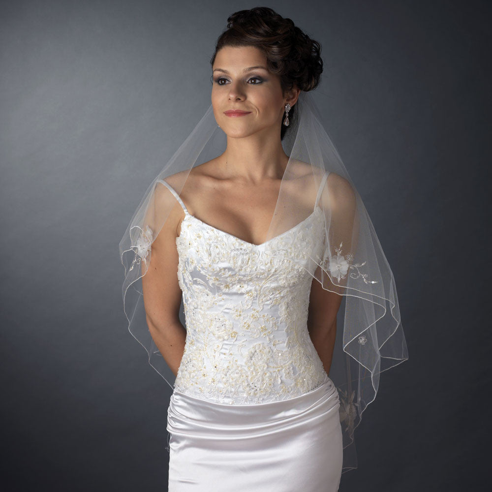 Double Layer Fingertip Length Satin Corded Edge with Sheer Organza Flowers & Bugle Beads Bridal Wedding Veil 2007 F