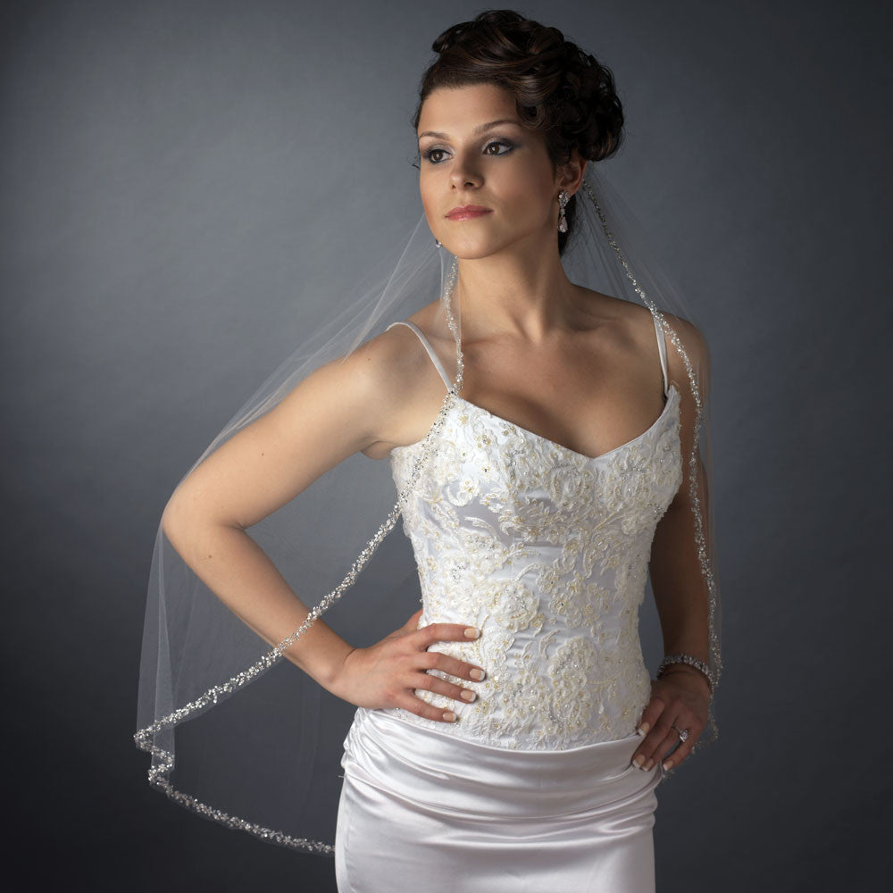 Single Layer Fingertip Length Cut Edge with Pearls, Bugle Beads & Sequins Bridal Wedding Veil 2510 1F