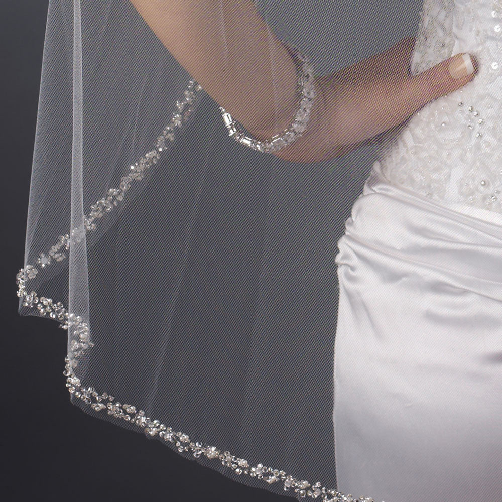 Single Layer Fingertip Length Cut Edge with Pearls, Bugle Beads & Sequins Bridal Wedding Veil 2510 1F