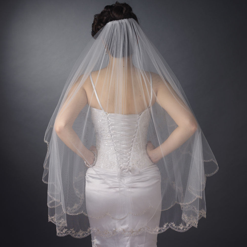Bridal Wedding Veil 2953 White Silver - Embroidered Edge Fingertip Waltz (36