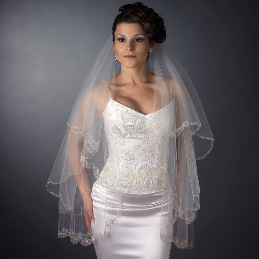 Bridal Wedding Veil 2953 White Silver - Embroidered Edge Fingertip Waltz (36