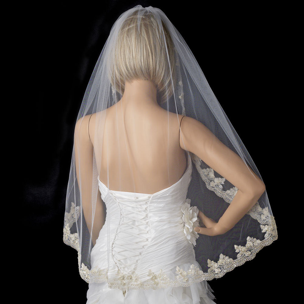 Bridal Wedding Veil 990 Ivory - Scalloped Edge Ivory Bridal Wedding Veil with Gold Embroidered Vintage Edge - Fingertip Length (36