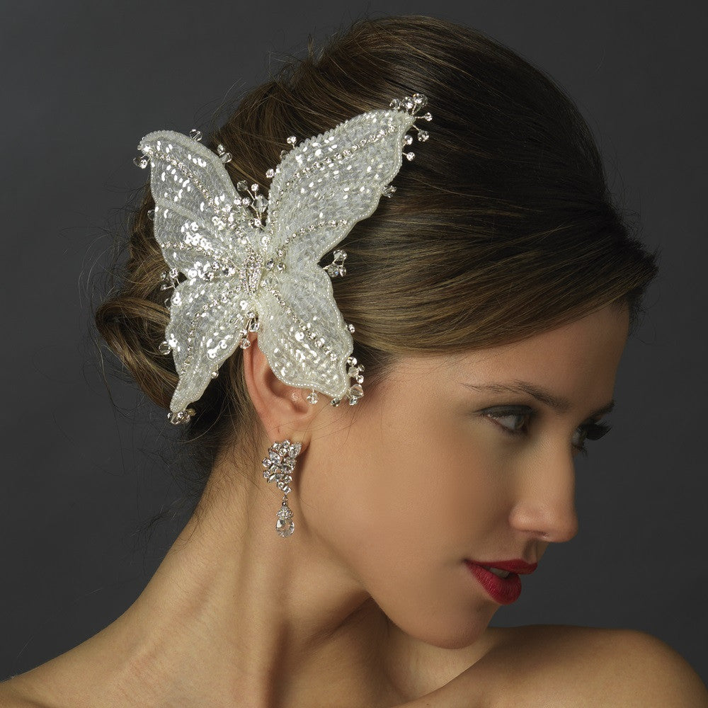 Silver Clear Beaded Sequin Butterfly Bridal Wedding Hair Clip with Rhinestones & Swarovski Crystal Bead Accents