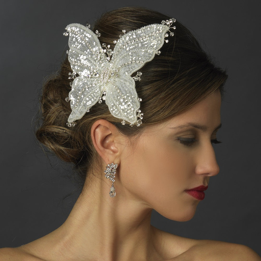 Silver Clear Beaded Sequin Butterfly Bridal Wedding Hair Clip with Rhinestones & Swarovski Crystal Bead Accents